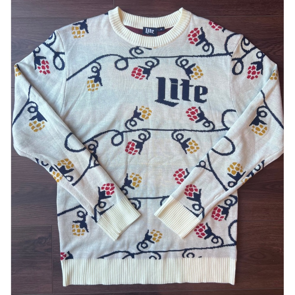 Miller Lite Beer Knit Sweater Mens Medium Cream Hops Barley Logo Pullover